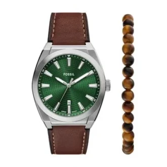 Everett Dreizeiger-Uhr mit Datum, braunem Lederarmband und Armband