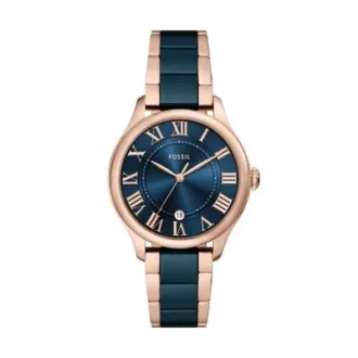 Gilmore Dreizeigeruhr mit Datumsanzeige in Roségold und marineblauem Keramikarmband