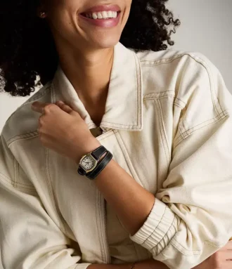 Harlow Dreizeigeruhr mit schwarzem Lederarmband