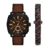 Machine Chronograph Set aus brauner Lederuhr und Armband