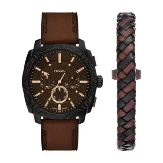 Machine Chronograph Set aus brauner Lederuhr und Armband