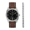 Machine Dreizeigeruhr mit Datum, braunem Lederarmband und Armband
