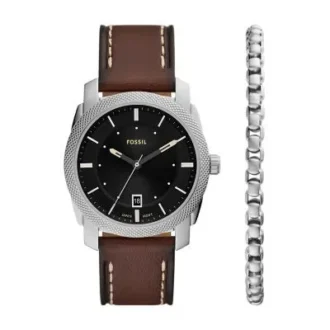 Machine Dreizeigeruhr mit Datum, braunem Lederarmband und Armband