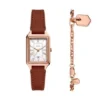 Raquel Dreizeiger-Uhr mit Datumsanzeige, mittelbraunes Lederarmband und Armband-Set