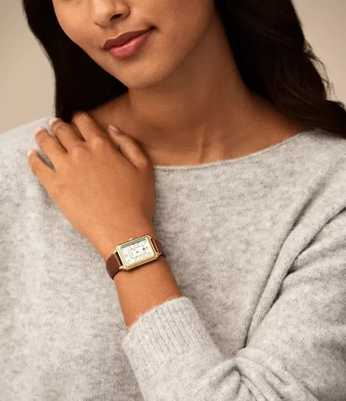 Raquel Dreizeigeruhr mit Datumsanzeige, mittelbraunes Lederarmband