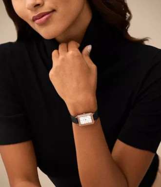 Raquel Dreizeigeruhr mit Datumsanzeige, schwarzes LiteHide™-Lederarmband