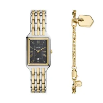 Raquel Dreizeigeruhr mit Datumsanzeige, zweifarbiges Edelstahlarmband und Armband