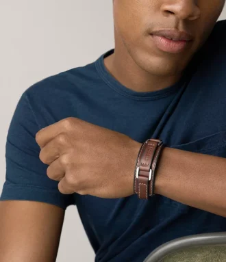 Robustes Armband aus Edelstahl und braunem gepolstertem Leder