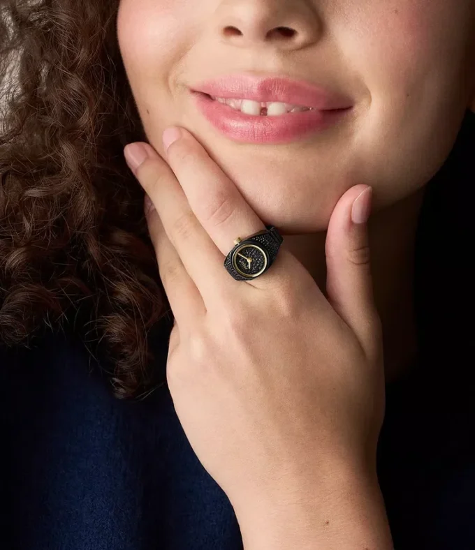 Uhrenring Zwei-Zeiger-Pavé-Uhr aus schwarzem Edelstahl